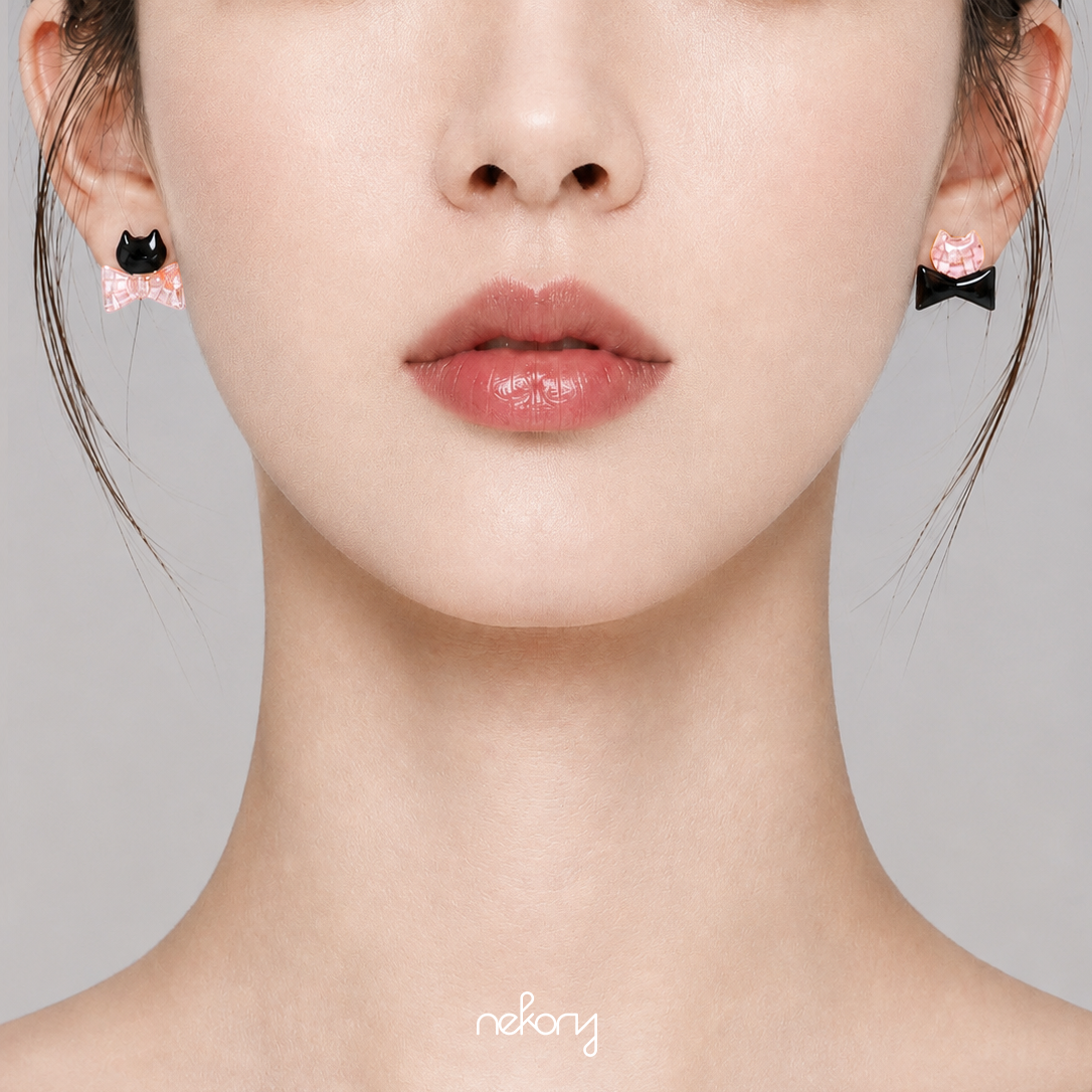Blush Earrings - Cat & Ribbon Studs