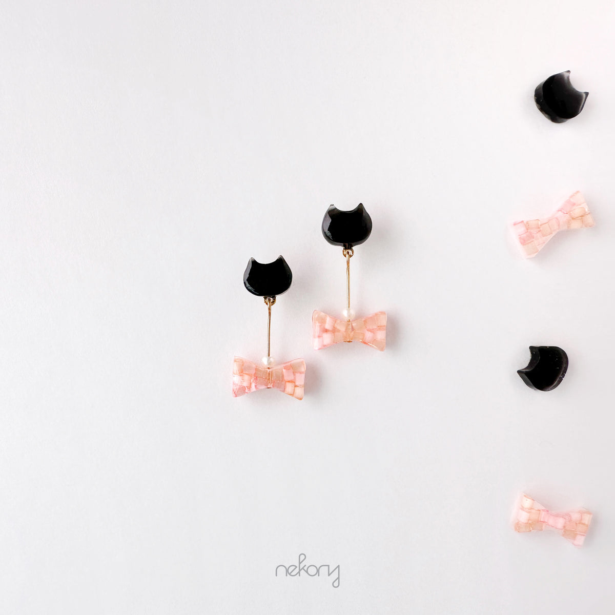 Blush Earrings - Cat & Ribbon Dangle